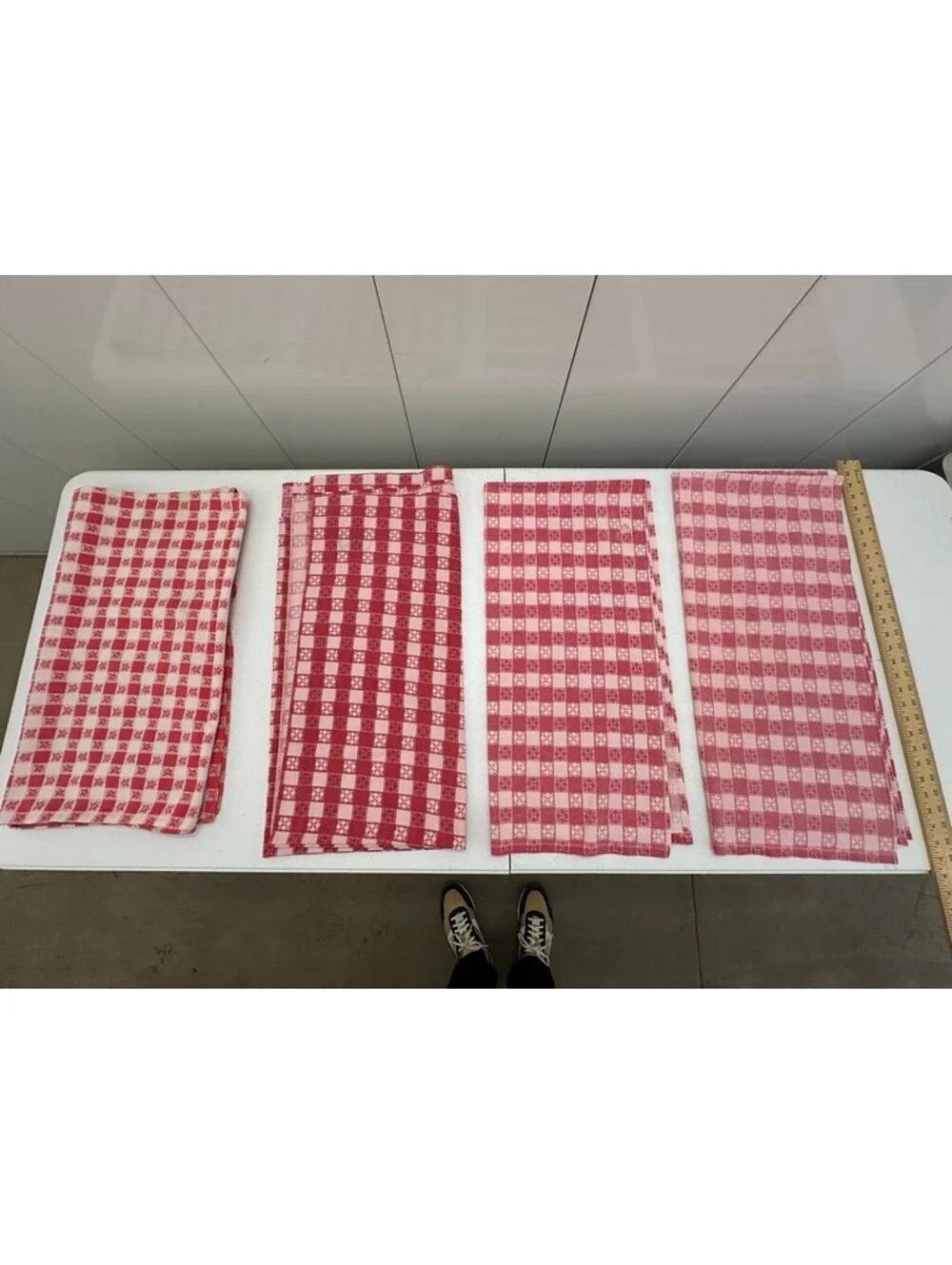 4 Vintage Commercial Use Tablecloths Red White Flower Leaves